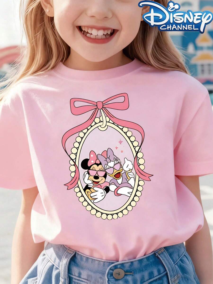 Disney Girls' Short Sleeved T-ShirtCute Cartoon Style Men's T-Shirt Minnie Mouse And Daisy Duck In Mirror Frame Design Summer Casual Wear For Kids And Teens Gift For Disney Fans - 粉色 - 查看 1
