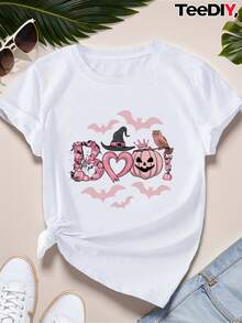 Women's Plus Size Halloween Boo Short Sleeve Sports T-Shirt, Women's Blouses, Women's Summer Graphic T-Shirts, Women's Casual Printed T-Shirt, Short Sleeve And Round Neck, Spring/Summer Local Urban Fashion. - 白色 - 查看 8