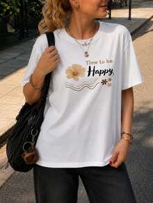 Camiseta Holgada para Mujer Blanca con Estampado Floral "Time to be Happy", Cuello Redondo de Manga Corta, Top Casual Inspirador, Ropa Cómoda para Uso Diario y Primavera, Estilo Relajado para Salidas Informales - Blanco - Ver 1