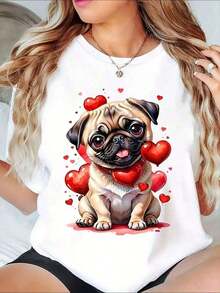 One-Piece Plus-Size Valentine's Day T-Shirt With Dog Paw Prints And Love Messages, Perfect For Dog Lovers. This Adorable Pet Design T-Shirt Features Romantic Phrases And Hearts, Making It Ideal For Valentine's Day And Pet Owners. Made From 180g Soft Cotton. - 白3 - 查看 7
