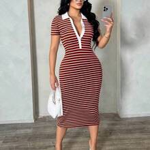 Women's Casual Minimalist Fashion Commuter Style Short Sleeve Black & White Striped Polo Dress, Knit High Stretch Fitted Mid-Length Dress, French Elegant Dress V Neck Striped Dress Striped Bodycon Dress Curve Casual Dress V Neck Dresses Women Bodycon Summer Dress - Rojo - Ver 6