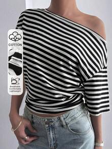 Blusa holgada y casual de mujer con rayas y parches, cuello oblicuo y manga corta, elegante estilo callejero para primavera, verano y otoño - Blanco y Negro 2 - Ver 11