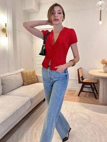 Blusa de mujer con cuello en V de encaje francés, con botones y pliegues para la universidad - Rojo - Ver 6