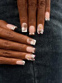 10pcs Y2K Nails Square Press On Nails Set - Handcrafted,Pink Nails, White Nails, White French Tip Nails, Handmade 3D Kitten And 3D Button Design, 3D Kitten Nails Art, Hand Drawn Brown Polka Dot And Brown Stripe Pattern Decoration, Sparkling Gold Star Accents, Delicate Graceful Nails - Perfect For Parties & Casual Attire - Multicolor - View 4
