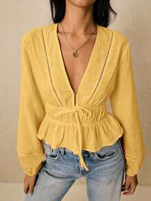 Camisa casual de mujer de unicolor con cuello en V y detalle de nudo en la parte delantera, de manga larga - Amarillo - Ver 8