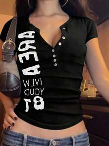 1 pieza Camiseta de mujer con estampado digital y cuello en V de manga corta, un gran regalo para amigos - Negro - Ver 3