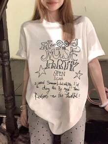 Camiseta de manga corta con estampado de letras para hombre y mujer, top de longitud media para primavera/verano, algodón SMTV - Blanco - Ver 1