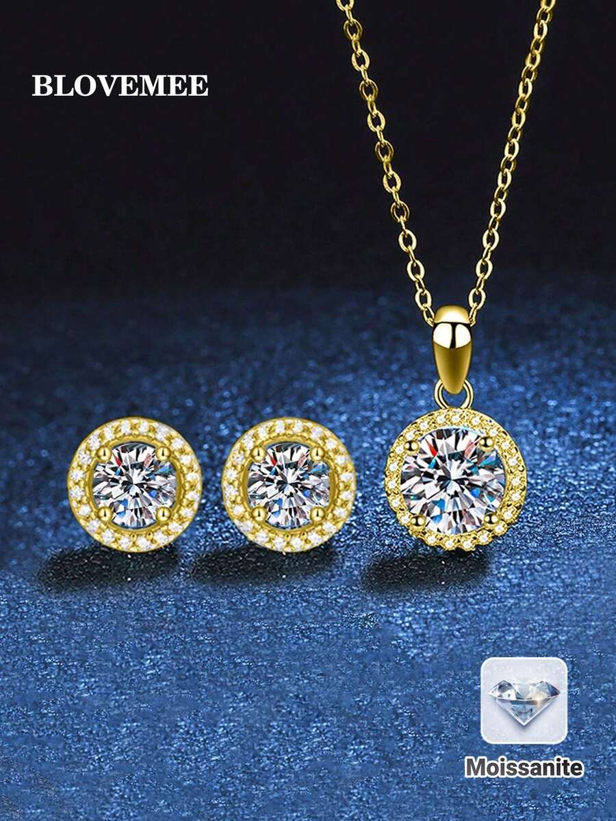 3件套优雅奢华925银莫桑石0.5克拉耳钉及0.5克拉项链套装,适合女性日常佩戴、派对、通勤,亦可作为珠宝礼品。 - 金黃色 - 查看 1