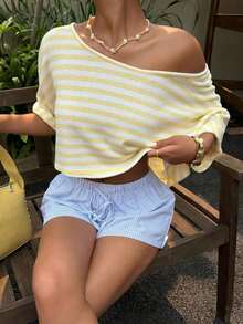 Camiseta de mujer de punto a rayas de estilo minimalista y casual, de un hombro, con efecto dopamina, adecuada para el uso diario, citas, reuniones, otoño/invierno/verano, Navidad, Año Nuevo, Acción de Gracias, fiestas, bodas, playa, ceremonias de graduación, moda, elegante, casual, salidas, citas, reservas, viajes, brillante, Día de San Valentín, vacaciones, Y2K y otras ocasiones. - Amarillo claro - Ver 6