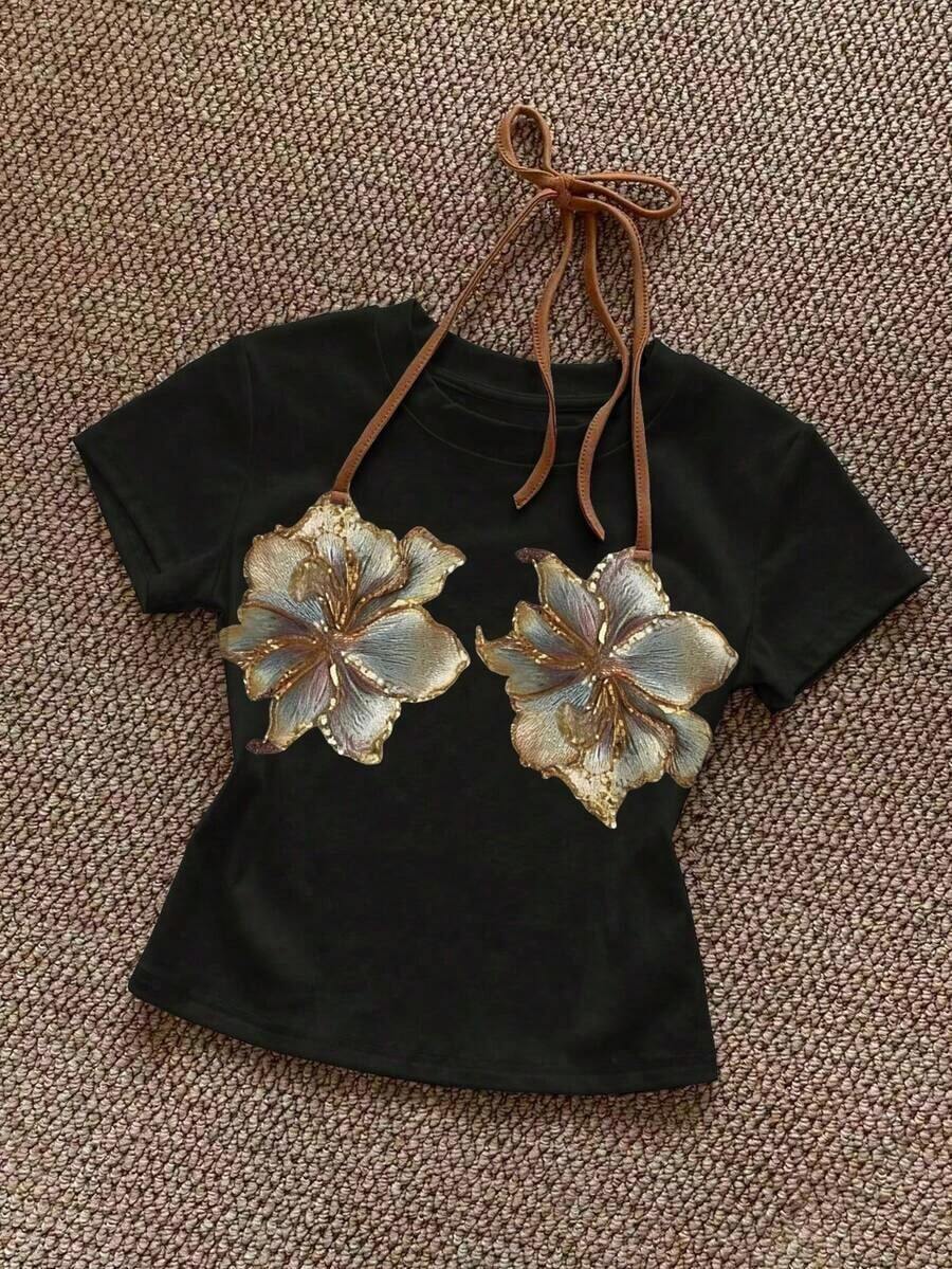 Camiseta de manga corta de cuello redondo ajustada con estampado de leopardo - Negro 3 - Ver 1