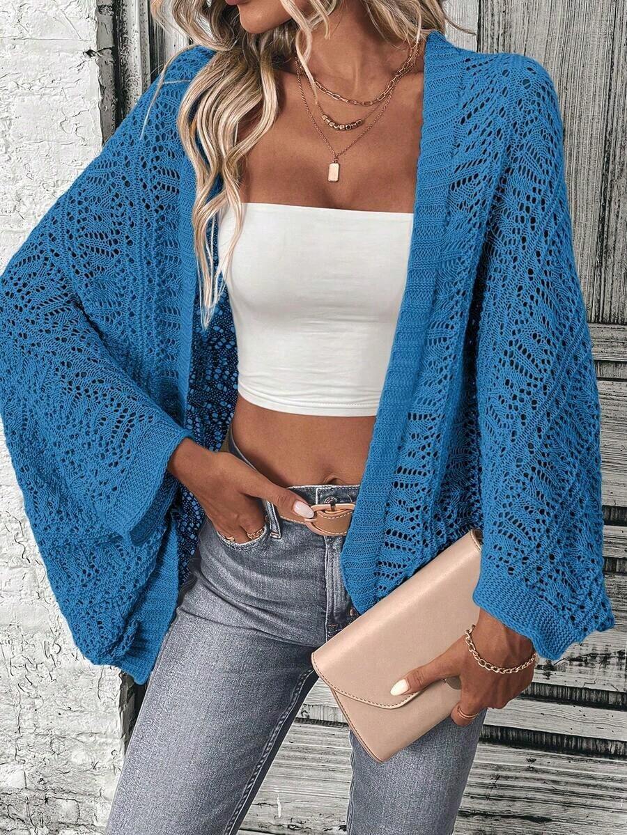 Cárdigan ligero y versátil de unicolor y diseño hueco para uso diario de mujer - Azul - Ver 1