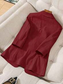 Blazer de lino de 3/4 de manga con cintura ajustable, diseño de botones, adecuado para ir al trabajo, eventos formales, fiestas elegantes, ropa de oficina - Primavera, Verano, Otoño - Burdeos - Ver 2