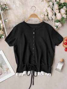 Cárdigan de punto gris de manga corta para mujer, de corte slim, con estilo universitario de verano, cuello redondo, parche de encaje y dobladillo con cordón - Negro - Ver 6