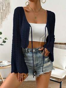 Cárdigan de punto calado de color liso casual para vacaciones - azul real - Ver 6