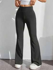 Pantalones con cintura alta de color liso y corte acampanado - Gris Oscuro - Ver 1