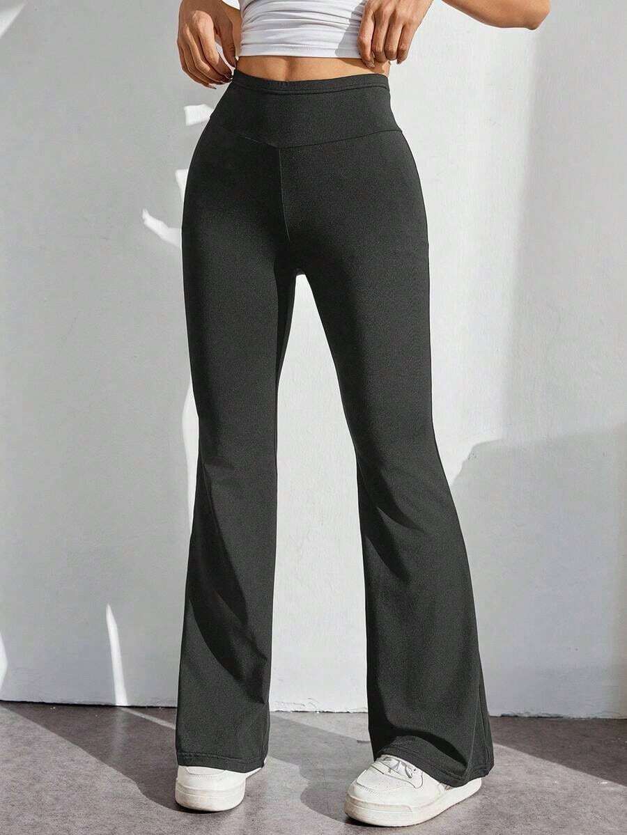 Pantalones con cintura alta de color liso y corte acampanado - Gris Oscuro - Ver 1