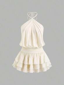 Vestido mini con espalda descubierta, estilo sexy y picante, de cuello halter, adecuado para citas, vacaciones y verano - Albaricoque - Ver 9