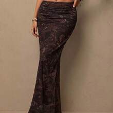 Freevana Women's Casual Bohemian Retro Western Paisley Cashew Flower Print Versatile Brown Knit Skirt, Suitable For Spring, Music Festival - Marrón - Ver 4