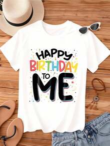 1 Piece Women's Round Neck T-Shirt With "Happy Birthday To Me" Print, Short Sleeve, Casual, For Party, Celebration, Birthday Gift, 180g, 100% Cotton - 白色 - 查看 3