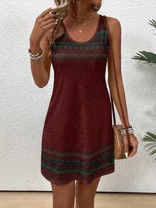 Vestido casual de mujer sin mangas con estampado geométrico - Burdeos - Ver 4