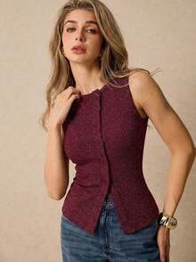 Camiseta sin mangas casual de cuello redondo y de un solo abotonadura para mujer - Burdeos - Ver 6