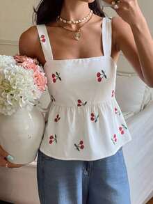 Camiseta sin mangas con volantes y estampado de lunares para vacaciones - Albaricoque 2 - Ver 2