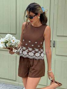 Set de 2 piezas de top sin mangas y shorts para mujer, de moda para el verano - Marrón - Ver 3