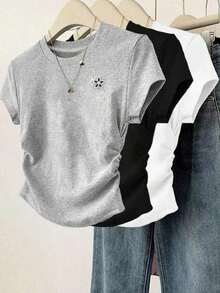 Set de 3 camisetas de mujer de manga corta, cuello redondo, unicolor, con detalle de volantes y estampado de mariposa, de estilo casual y slim para el verano - Multicolor 2 - Ver 6
