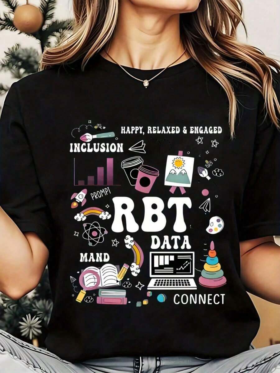 Women T Shirt RBT Data Inclusion MAND Connect Happy Relaxed Engaged Graphic Print Round Neck Casual Daily Wear Soft Comfortable Holiday 220g Womens Blouses Shirt - Black - View 1
