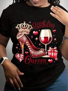 Camiseta Gráfica de Cumpleaños para Mujer - Camiseta de Cuello Redondo con Diseño de Tacón Alto Rojo Brillante, Corona y Copa de Vino, Top Casual de Manga Corta para Celebraciones de Primavera/Verano, Ropa de Moda de Primavera, Camiseta Gráfica de Cuello Redondo, Lavable a Máquina, Camiseta de Algodón - Negro - Ver 6