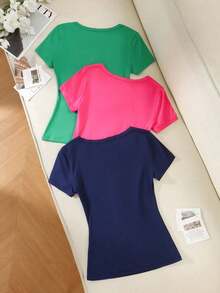 3 piezas Camisetas de manga corta casuales y versátiles de unicolor con pliegues para mujer - Multicolor 4 - Ver 2