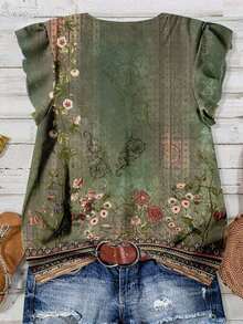 Blusa casual con cuello en V, estampado floral y volante en el bajo, adecuada para el verano - Multicolor 5 - Ver 2
