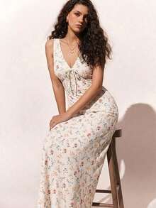 Vestido de verano con escote en V sin mangas con estampado floral diminuto para vacaciones en la playa - Blanco - Ver 3