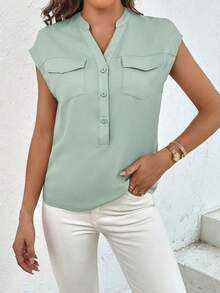 Camisa casual de mujer de unicolor con cuello en V, abotonadura sencilla y bolsillo - verde menta - Ver 6
