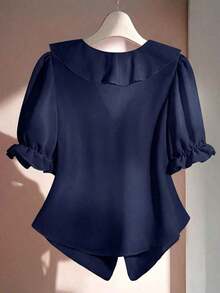 Blusa casual con cuello en V, mangas con volantes y pétalos - Azul marino - Ver 2
