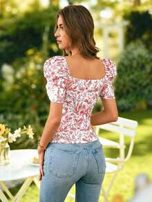Camiseta de ajuste ceñido con mangas obispo y estampado floral elegante, de verano - Rojo - Ver 2