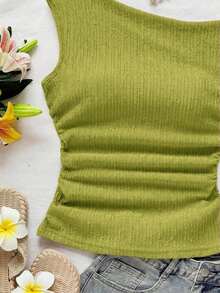 Blusa de punto con textura de burbujas de color albaricoque, cuello asimétrico con lazo en la cintura, ajuste ceñido, adecuada para fiesta, cita, paseo por la ciudad, viaje por carretera, playa de verano - Amarillo claro - Ver 7