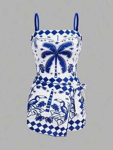 Swim Oasis 1 pieza Traje de baño de una pieza con estampado de palmeras tropicales azul y blanco para mujer, elegante y casual para cubrir en la playa y vacaciones - Azul y blanco - Ver 8