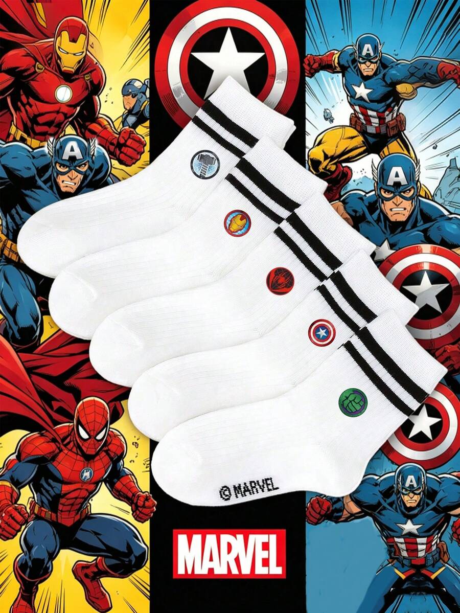 1/5 Đôi tất trẻ em họa tiết Marvel, Iron Man, Thor, tất viền bèo nhún, tất cổ cao sọc đen trắng.