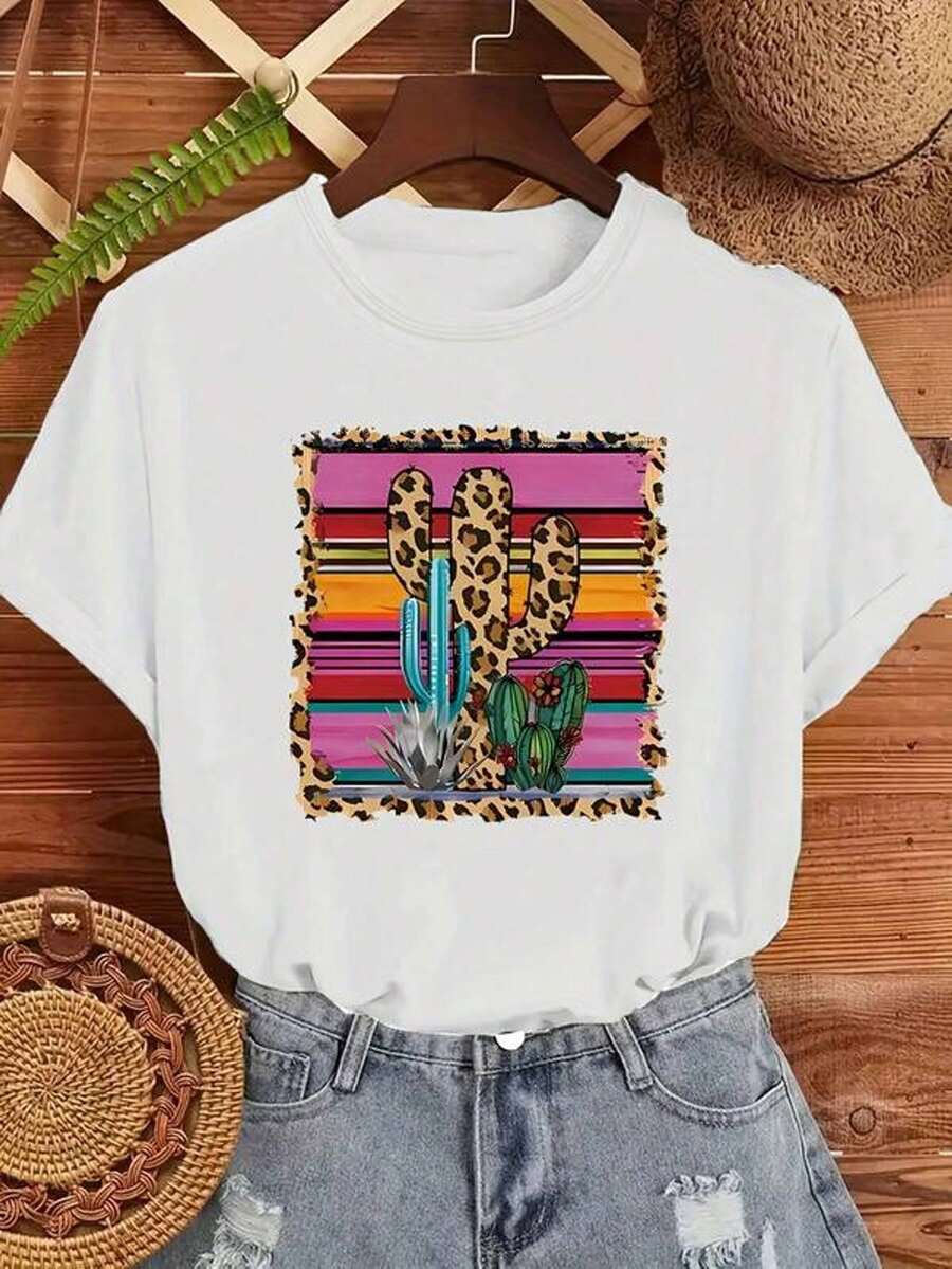 [Camiseta con estampado de cactus vibrante] Camiseta casual de mujer de talla grande con estampado retro y occidental de cactus vibrante, de manga corta, cuello redondo, uste cómodo, para uso en todas las estaciones, blusas de talla grande