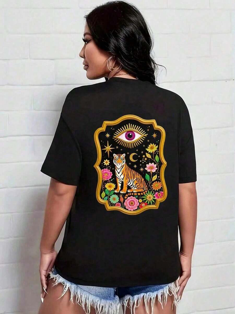 Camiseta casual de mujer con estampado de tigre y floral, color negro para verano - Multicolor - Ver 1