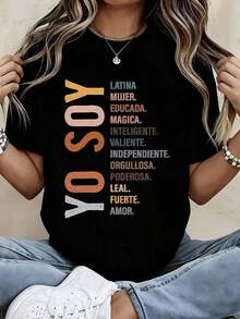 Camiseta Blanca de Manga Corta para Mujer con Estampado "Yo Soy Latina" y Palabras Inspiradoras - Ropa Casual para el Día a Día para Latinas, Perfecta para Salidas Diarias, Viajes o Celebraciones Culturales - Camiseta de Verano - Negro - Ver 1
