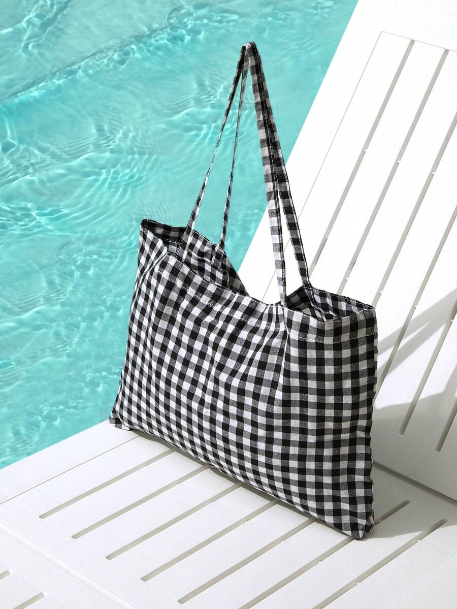 Trivaya Summer Outdoor Travel Bag, Holiday Beach Bag, Fashionable Plaid Shoulder Large Bag, Casual One Shoulder Tote Bag, Travel Bag, Color Block Plaid Pattern Handbag, Shopping Bag, Versatile Commuter Bag ,Vacation Essentials, Vacation - Multicolor - View 1