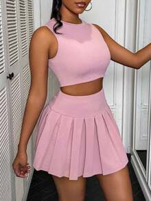 2 piezas Conjunto para mujer con top de tirantes con corazón calado y falda plisada - Rosa - Ver 4