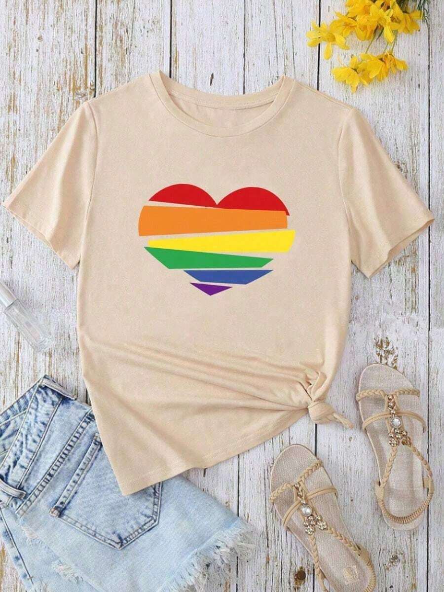 Camiseta de manga corta cuello redondo rompecabezas de seis colores corazón del amor para mujer, suave y cómoda a un precio asequiblePure-Cotton - Albaricoque - Ver 1