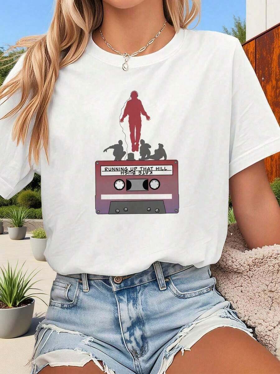 playeras de algodón mujer 1pscCamiseta de inspiraci n para mujer con estampado "Running Up That Hill", manga corta y cuello redondo - Blanco claro, atuendo casual de primavera/verano para fiesta de Navidad - Atuendo de fan - Dise el de fantasías ■ lo festivo e icónico nico100%cotton ropa de mujer Daily home top - Blanco - Ver 1