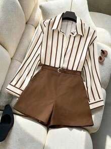 Conjunto de camisa holgada con rayas y pantalones cortos de talle alto en azul marino, conjunto de vestir minimalista y elegante para primavera/verano - Café integral - Ver 4