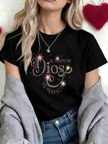 Coquette Pink Glitter Rhinestone Butterfly Graphic T-Shirt, 100% Cotton Oversized Soft Breathable Dreamy Tee, Casual Crewneck Short Sleeve Top for Summer & Teen Girls - Negro - Ver 6