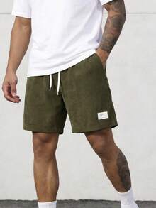 Quần short nam kiểu retro Mỹ bằng vải nhung kẻ có dây rút, quần ống rộng năm điểm có miếng vá, quần short dài đến đầu gối phong cách đường phố thường ngày. - xanh quân đội - Xem 2