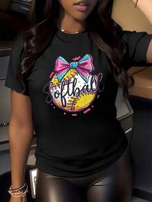 A Yellow Softball With Pink Stitching And A Large Blue And Pink Bow Symbolizes Sporting Passion And Feminine Energy. A Comfortable, Casual Women's T-Shirt For Everyday Wear. - 黑色 - 查看 8